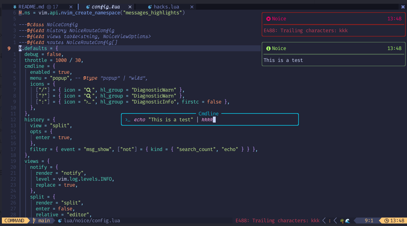 Capture d'écran montrant Neovim avec noice