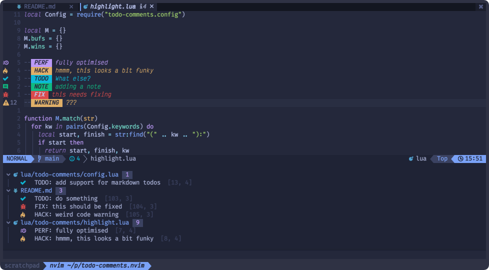 Capture d'écran montrant Neovim avec todo-comments
